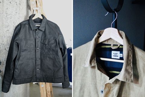 a collage of 2 hanging jackets