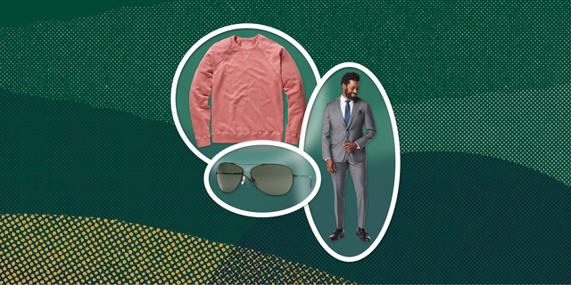 collage of a man wearing a suit, a sweatshirt, and a pair of sunglasses